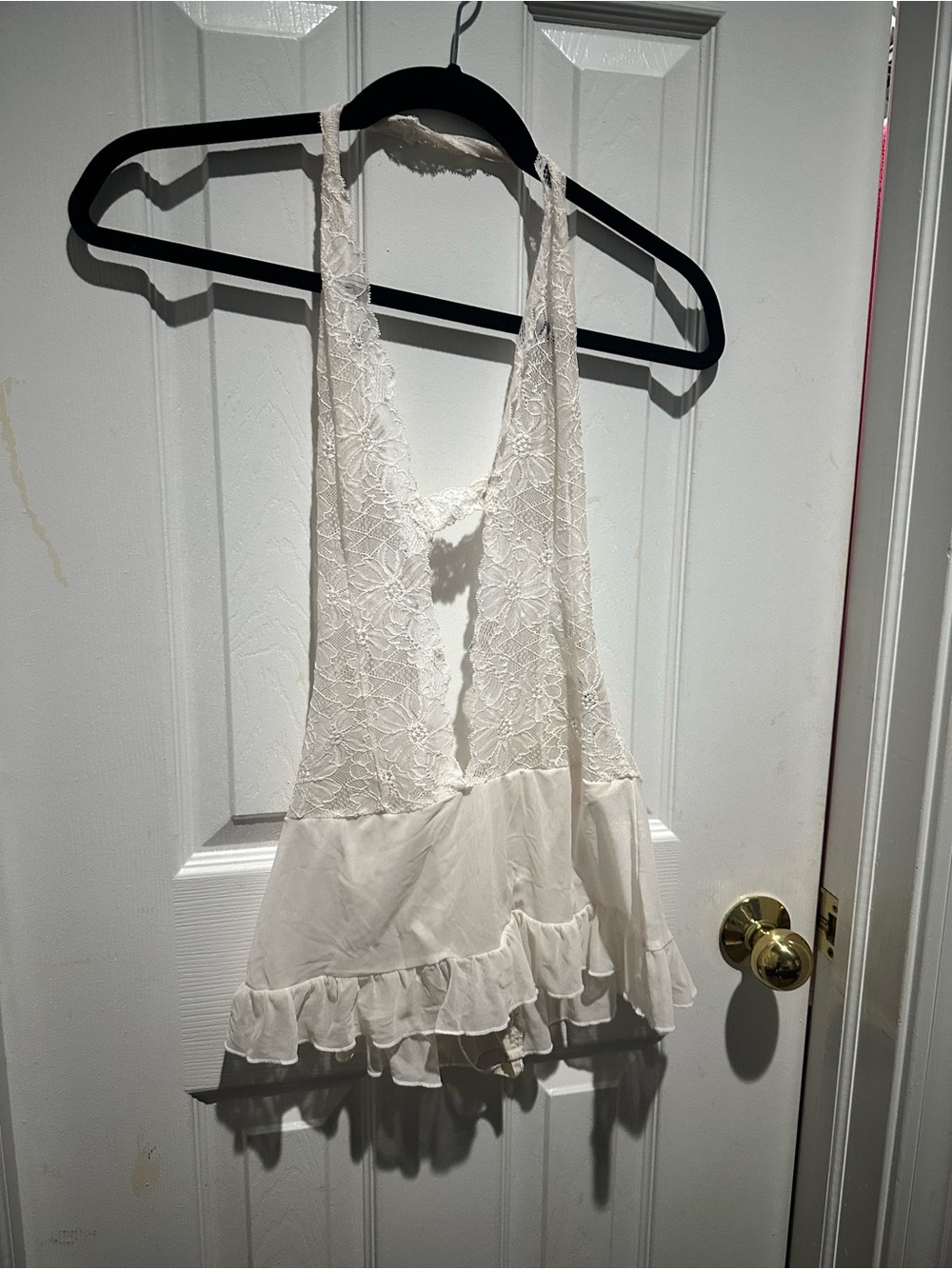 Frederick's of Hollywood Cream Lace Halter Ruffle Chemise
